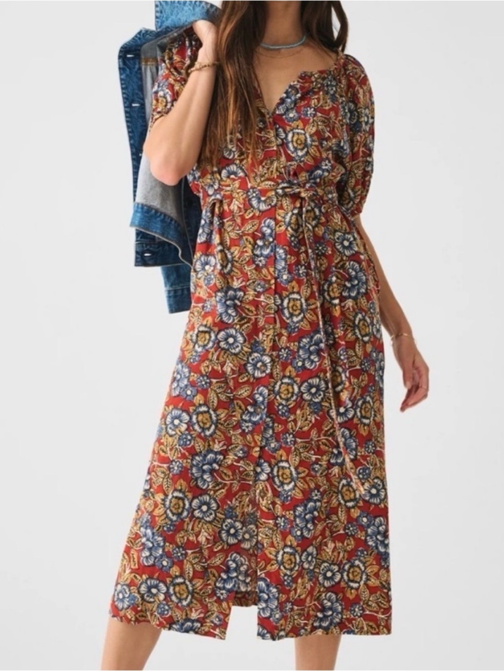 Faherty Rust Red Floral Tie-Waist Midi Dress (B6)